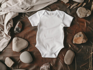 Top flatlay view of white blank baby bodysuit POD mock-up stone rocks nature camping hiking adventure hobby theme modern lux print on demand mockup brown infant toddler clothing template background