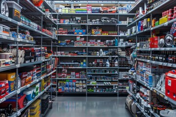 A busy auto parts store with shelves packed with a variety of products for cars and vehicles