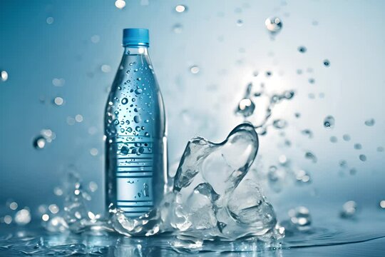Transparent realistic vector mineral water plastic bottle with water splash, drops and ice cubes on blue background