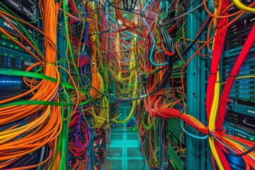 Detailed view of a vast array of wires meticulously organized in a server room, showcasing the complexity of a network setup
