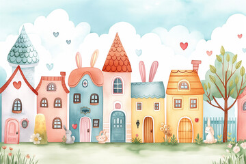 The illustrations are watercolor paintings. Colorful city pictures are used to decorate and add beauty. Medieval castle amidst lush greenery With the vast sky as the background	