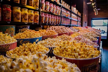 A store displaying numerous buckets of popcorn neatly arranged in rows with stacks of snacks in the background