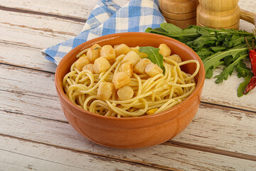 Delicous Pasta with scallop seafood