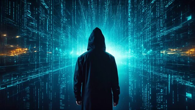 Man in hoodies jackets stand with binary code digital interface , Data thief 