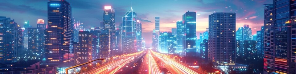 Dazzling Cityscape of a Vibrant Futuristic Metropolis at Night