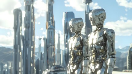 Fototapeta premium 3d render digital artwork background of futuristic cityscape and advanced cyborg humanoid robot family, future city skyline landscape for AI technology science travel architecture concept wallpaper.