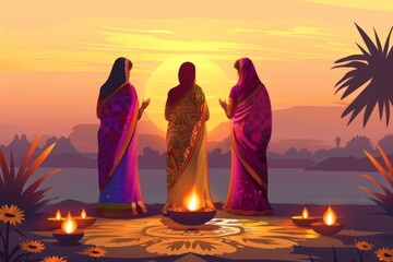 Indian women celebrating Chhath Puja festival