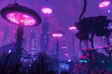 A futuristic city, now an eerie urban jungle overgrown with fluorescent fungi, stands silent under the lavender sky of a posthuman era