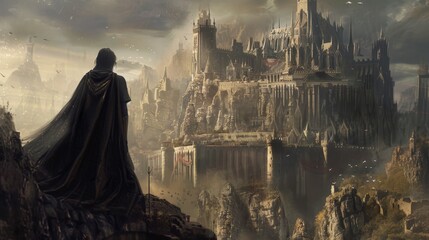 Realism Art of a sentinel at their post, vigilant and stoic, surrounded by the Gothic grandeur of a medieval castle