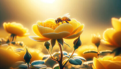 Bee Pollinating  a yellow roses