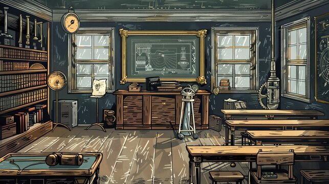 Steampunk Illustration of a Victorian classroom with brass and wood contraptions teaching physics through mechanical interactions
