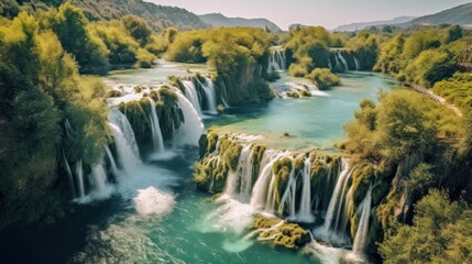 beautiful waterfall with blue water. The waterfall cascades down the rocks, creating a fine mist around it.