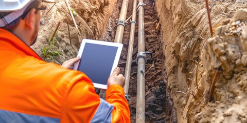 Engineer in high-visibility gear using a tablet to inspect underground pipelines in a trench. This image showcases the critical work of monitoring and maintaining infrastructure.