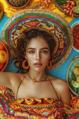 Woman in Mexican hat with mexican food