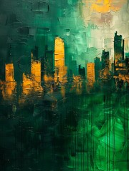 A painting of a cityscape with green and yellow.