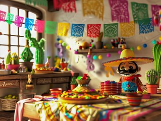 A mexican themed room with a toy and cactus.