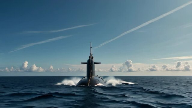 Military nuclear submarine launches torpedo missile in vast expanse of open ocean