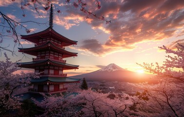 Naklejka premium Japanese pagoda, building or house intersecting with the beautiful mount fuji scenery, stunning view, created with AI