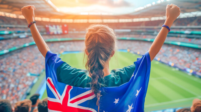 Young woman fan stands in stadium, arms raised high, holding Australian flag, embodying national pride and sports enthusiasm under sunset skies of eventful game day. Concept of sport competitions - Powered by Adobe