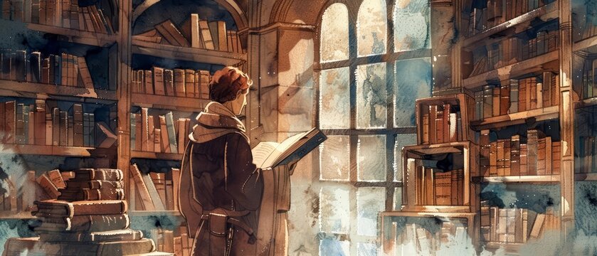 An antiquestyle watercolor illustration of a medieval scholar in a library surrounded by ancient books, with a blank banner for adding quotes