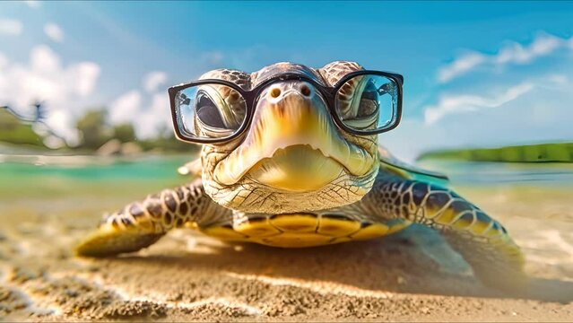 Turtle with glasses in sea beach background
