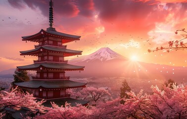 Obraz premium Japanese pagoda, building or house intersecting with the beautiful mount fuji scenery, stunning view, created with AI