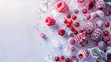 Ice with frozen berries on light background