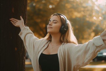 young woman listening to music through wireless headphones standing with arms outstretched leaning...