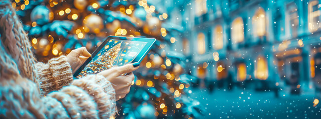 Hands navigate tablet against backdrop of twinkling festive lights, exploring urban winter wonders digitally, suited for tech-savvy urbanites engaging with their city’s Christmas charm