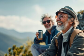 Two senior men enjoying a mountain view, sharing a warm drink and a laugh together - Powered by Adobe