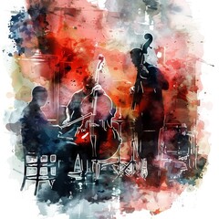 Creative watercolor of a lively jazz band performing in a smoky underground club, depicted in vintage styles, clipart watercolor on white background