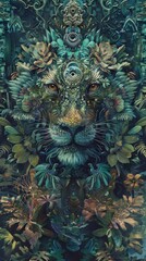 Fototapeta premium Surrealism Art of an ancient chimera in a mythical beast garden, depicted in a Baroqueinspired drama style with ornate details and a lush, highcontrast color palette