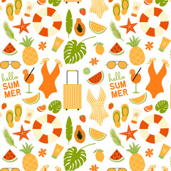 Seamless pattern with summer elements swimsuits, sunglasses, fruits, flip-flops, spf, tropical leaves. Vector illustration