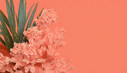 Corals and tropical leaves background with copy space. Vibrant peach color backdrop
