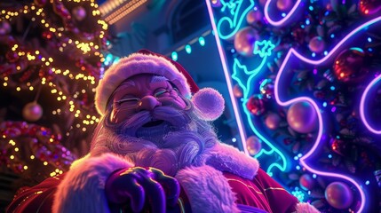 Design a crazy composition of neon lights and holiday elements for a unique interpretation of Santas image