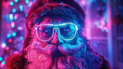 Design a crazy composition of neon lights and holiday elements for a unique interpretation of Santas image - Powered by Adobe