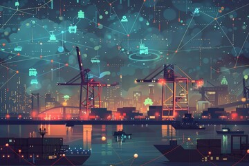 Design a digital illustration that depicts the interconnected network of transport systems involved in efficiently moving cargo between land, sea, and air