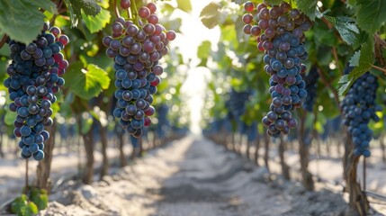 A row of grape vines with clusters of grapes hanging from them
