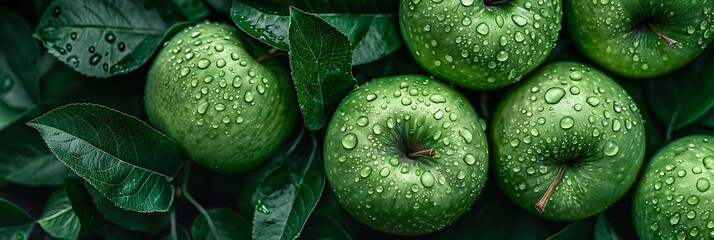 Fresh green apples with water drops on green leaves background. Top view.