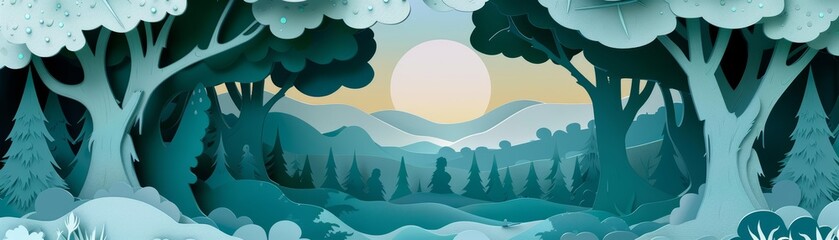 Fantasy landscape of an enchanted forest, where trees whisper secrets and mystical creatures lurk, portrayed in paper cut styles with a classic styles color palette