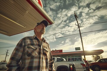 A man stands in front of a gas station, next to his vehicle at the fuel pump - Powered by Adobe