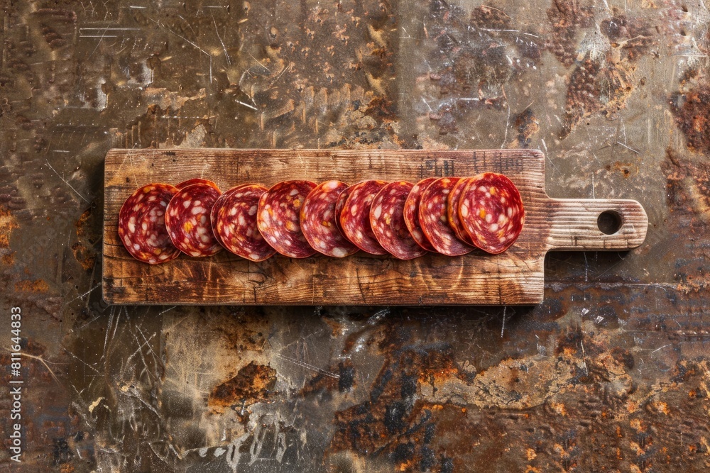 Wall mural Top-down view of a wooden cutting board covered with slices of rustic chorizo salami - Wall murals