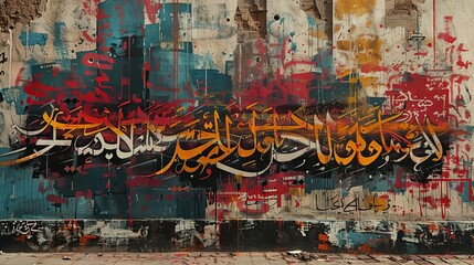 Fototapeta premium A mural of calligraphy where vandalism has added spray paint over parts of the script, merging art and corruption