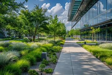 A wide-angle view of a modern corporate campus, showcasing a walkway running alongside a sleek building