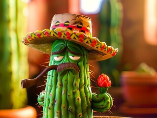 A cartoon cactus with a mexican hat.