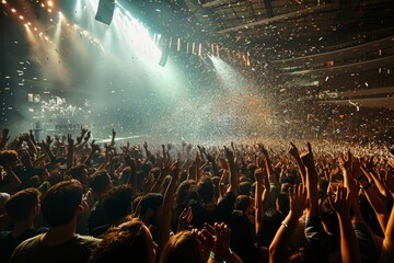 A vibrant crowd of people waving tickets and cheering at a concert arena