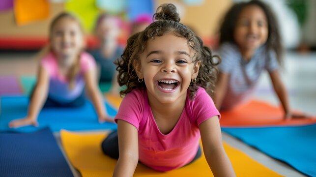 Group of Joyful Children Practicing Yoga Together in a Colorful Classroom