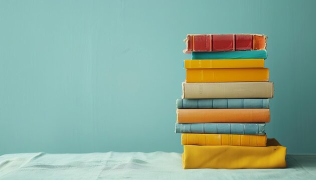 A neat stack of colorful books on a light background, designed to leave ample copy space at the top for a banner