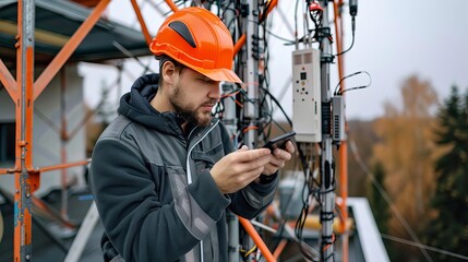 A network engineer installing 5G antennas on a rooftop, expanding coverage for a metropolitan area