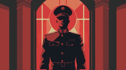 Vector Art of a sovereigns personal protector, clad in a uniform with historic insignia, standing vigilance in a minimalist Art Deco environment